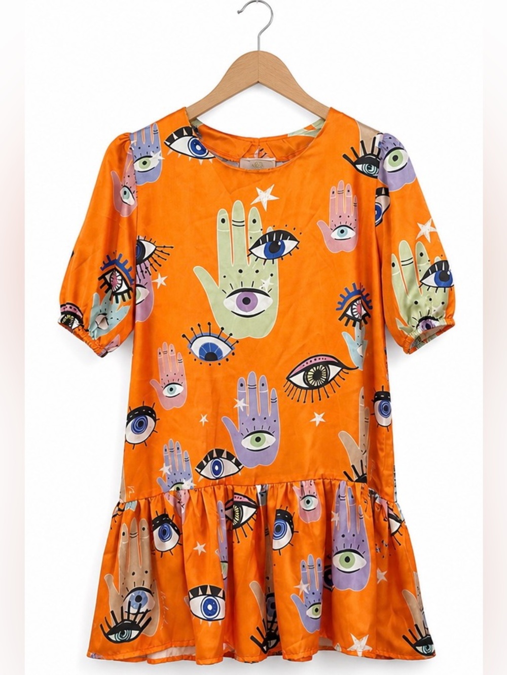 Bululu‎ Resort Orange Eye Print Mini Dress XS Boho Festival - Picture 2 of 11